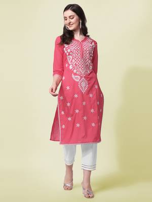 Coral Embroidery Cotton Straight Kurta With Pant set  1