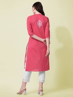Coral Embroidery Cotton Straight Kurta With Pant set  3