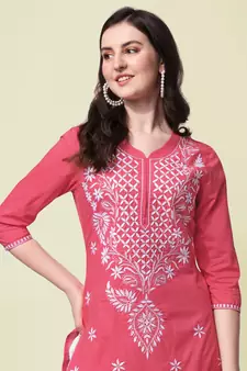 Coral Embroidery Cotton Straight Kurta With Pant set 