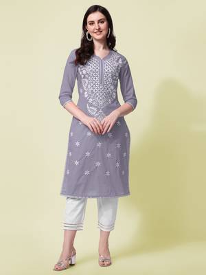 Grey Cotton Embroidery Cotton Kurta With Pant 1