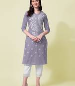 Grey Cotton Embroidery Cotton Kurta With Pant