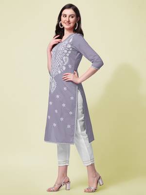 Grey Cotton Embroidery Cotton Kurta With Pant 2