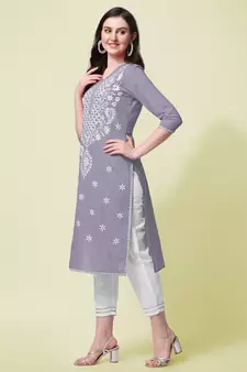 Grey Cotton Embroidery Cotton Kurta With Pant