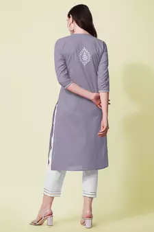 Grey Cotton Embroidery Cotton Kurta With Pant