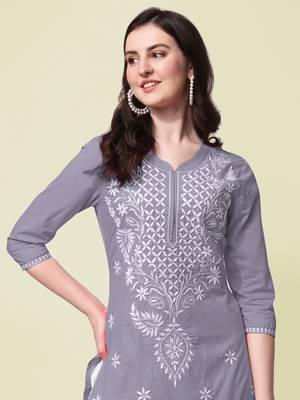 Grey Cotton Embroidery Cotton Kurta With Pant 4