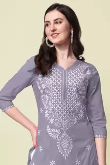 Grey Cotton Embroidery Cotton Kurta With Pant