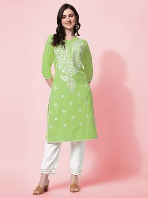 Pista Green Embroidery Cotton Kurta With Pant 1