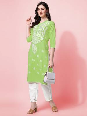 Pista Green Embroidery Cotton Kurta With Pant 2
