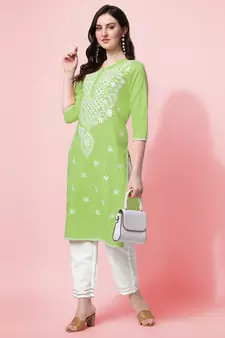 Pista Green Embroidery Cotton Kurta With Pant