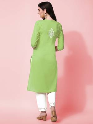 Pista Green Embroidery Cotton Kurta With Pant 3