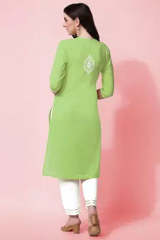 Pista Green Embroidery Cotton Kurta With Pant