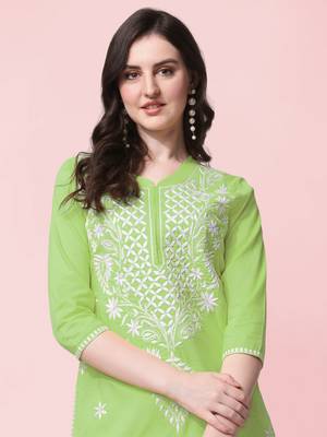 Pista Green Embroidery Cotton Kurta With Pant 4