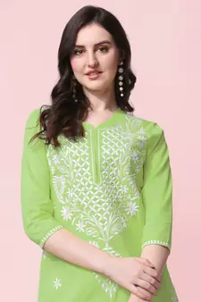 Pista Green Embroidery Cotton Kurta With Pant