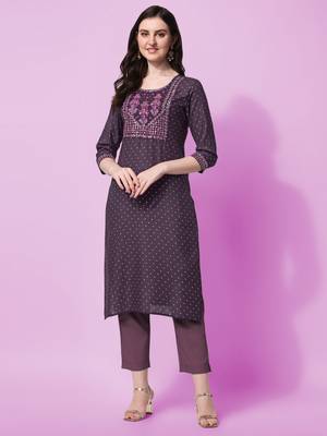 Purple Sequins Foil Printed Embroidery Rayon Kurta 1