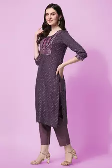 Purple Sequins Foil Printed Embroidery Rayon Kurta