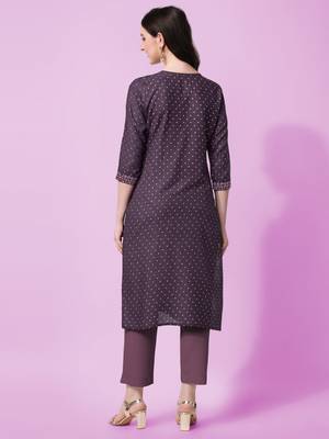 Purple Sequins Foil Printed Embroidery Rayon Kurta 3