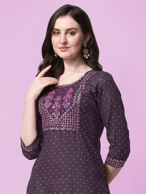 Purple Sequins Foil Printed Embroidery Rayon Kurta 4