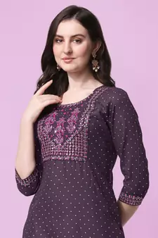 Purple Sequins Foil Printed Embroidery Rayon Kurta
