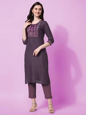 Purple Sequins Foil Printed Embroidery Rayon Kurta 5
