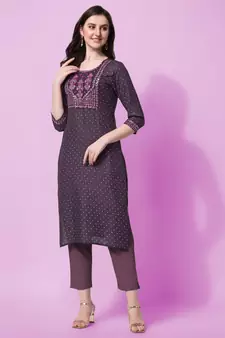 Purple Sequins Foil Printed Embroidery Rayon Kurta