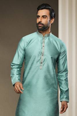 Turquoise printed jaquard kurta-pajama 2
