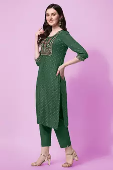Green Sequins Foil Printed Embroidery Rayon Kurta