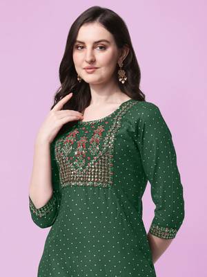 Green Sequins Foil Printed Embroidery Rayon Kurta 4