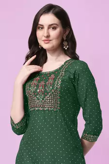 Green Sequins Foil Printed Embroidery Rayon Kurta
