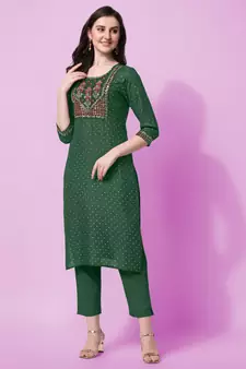 Green Sequins Foil Printed Embroidery Rayon Kurta