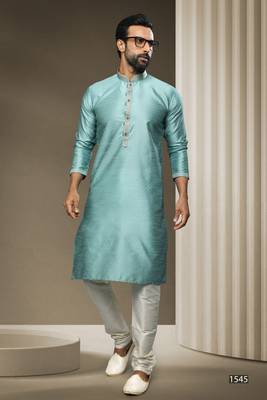 Turquoise printed jaquard kurta-pajama 1