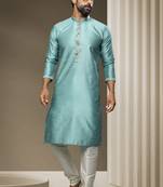 Turquoise printed jaquard kurta-pajama
