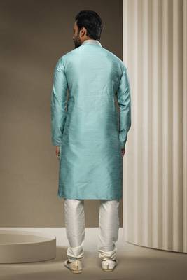 Turquoise printed jaquard kurta-pajama 3