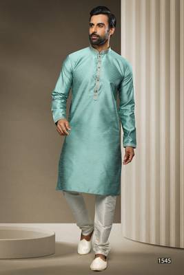 Turquoise printed jaquard kurta-pajama 4