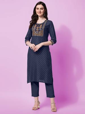 Navy Blue Sequins Foil Printed Embroidery Rayon Kurta 1