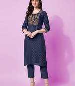 Navy Blue Sequins Foil Printed Embroidery Rayon Kurta