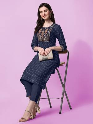Navy Blue Sequins Foil Printed Embroidery Rayon Kurta 2