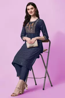 Navy Blue Sequins Foil Printed Embroidery Rayon Kurta