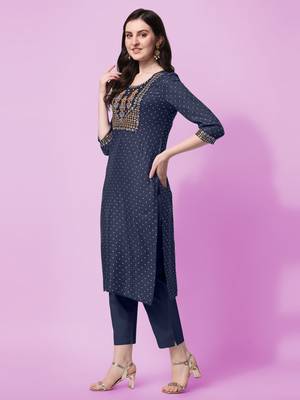 Navy Blue Sequins Foil Printed Embroidery Rayon Kurta 3