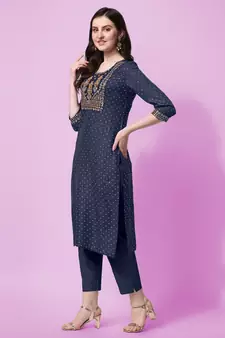Navy Blue Sequins Foil Printed Embroidery Rayon Kurta