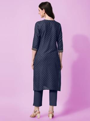 Navy Blue Sequins Foil Printed Embroidery Rayon Kurta 4