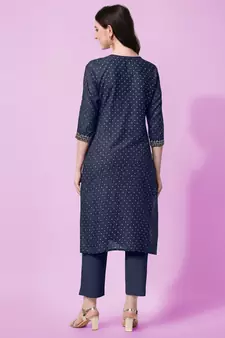 Navy Blue Sequins Foil Printed Embroidery Rayon Kurta