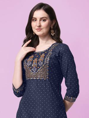 Navy Blue Sequins Foil Printed Embroidery Rayon Kurta 5