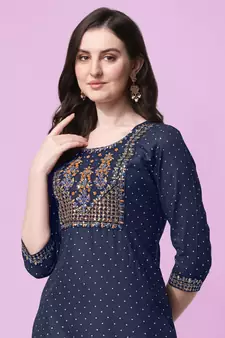 Navy Blue Sequins Foil Printed Embroidery Rayon Kurta