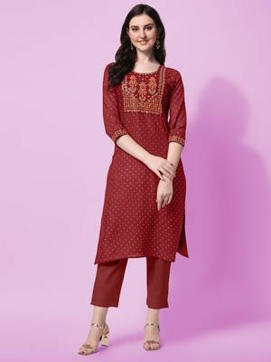 Maroon Sequins Foil Printed Embroidery Rayon Kurta 1