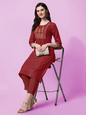 Maroon Sequins Foil Printed Embroidery Rayon Kurta 2
