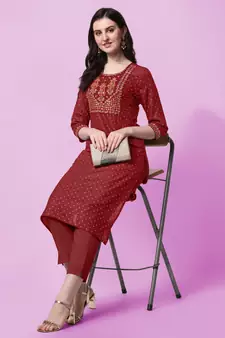 Maroon Sequins Foil Printed Embroidery Rayon Kurta