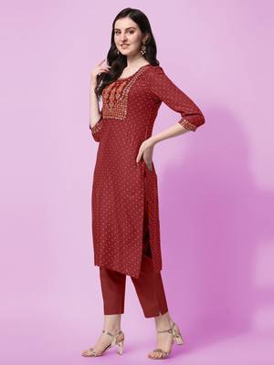 Maroon Sequins Foil Printed Embroidery Rayon Kurta 3