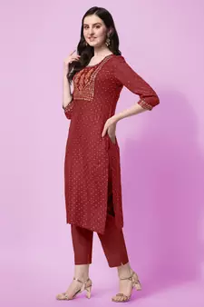 Maroon Sequins Foil Printed Embroidery Rayon Kurta