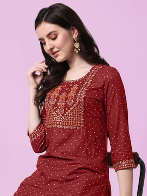Maroon Sequins Foil Printed Embroidery Rayon Kurta 5