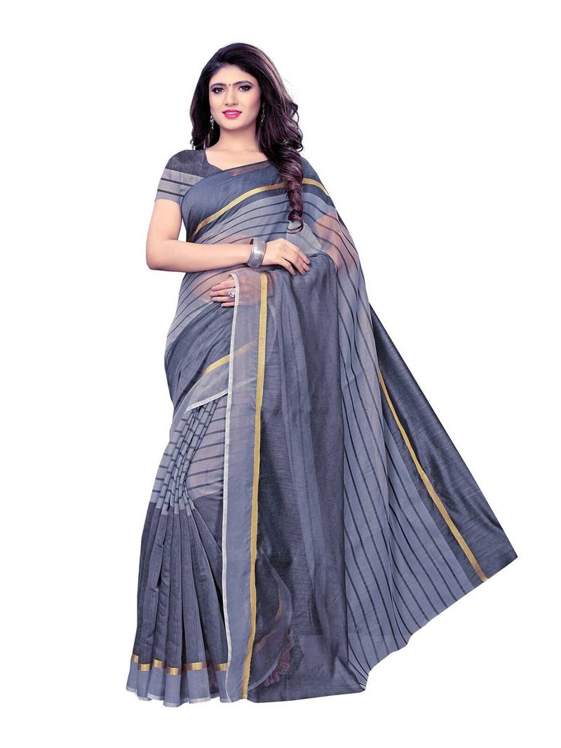 Women's Cotton Linen Purple Printed Designer Saree With Blouse Piece